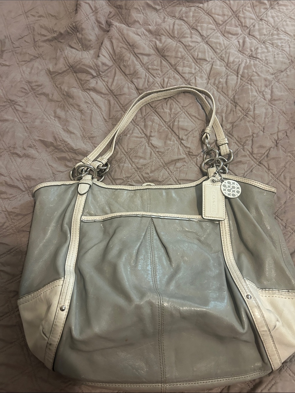 Coach Two-Tone Taupe and Cream Leather Shoulder Bag